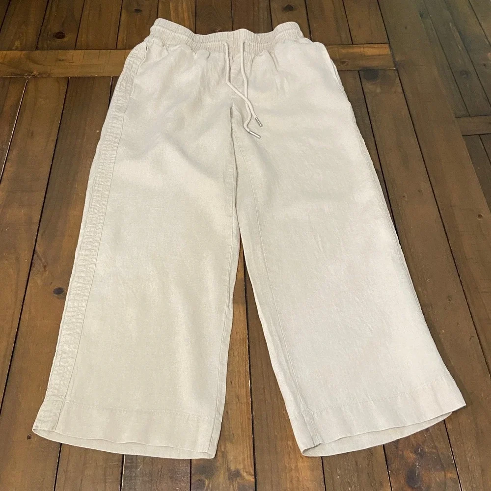 Quince 100% European Linen Wide Leg Pants Sand Beige Elastic Waist Small
